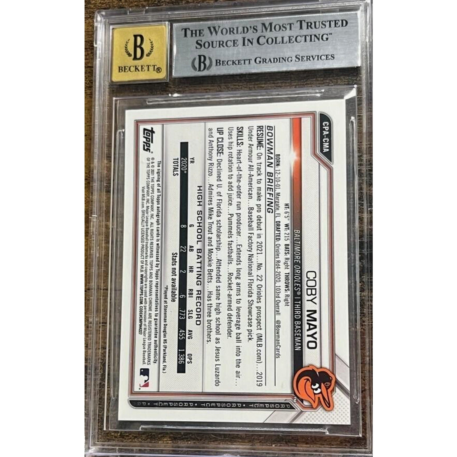Back view of 2021 Bowman Draft Coby Mayo 1st Bowman Chrome Auto rookie card #CPACMA BGS 9 Auto 10