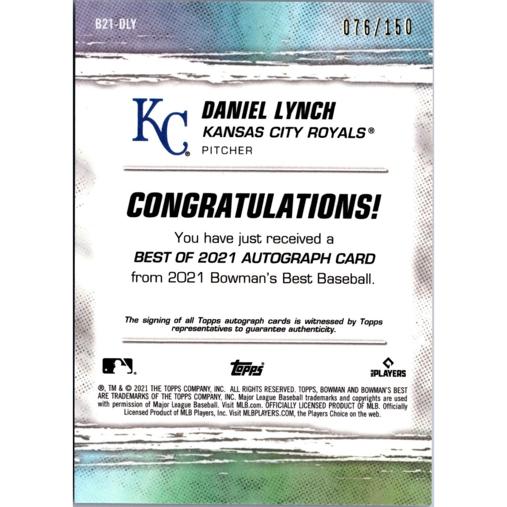 Back of Daniel Lynch 2021 Bowman's Best Best of 2021 autograph refractor card
