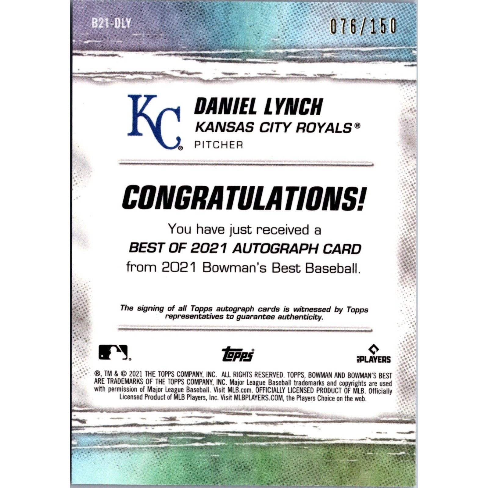 Back of Daniel Lynch 2021 Bowman's Best Best of 2021 autograph refractor card