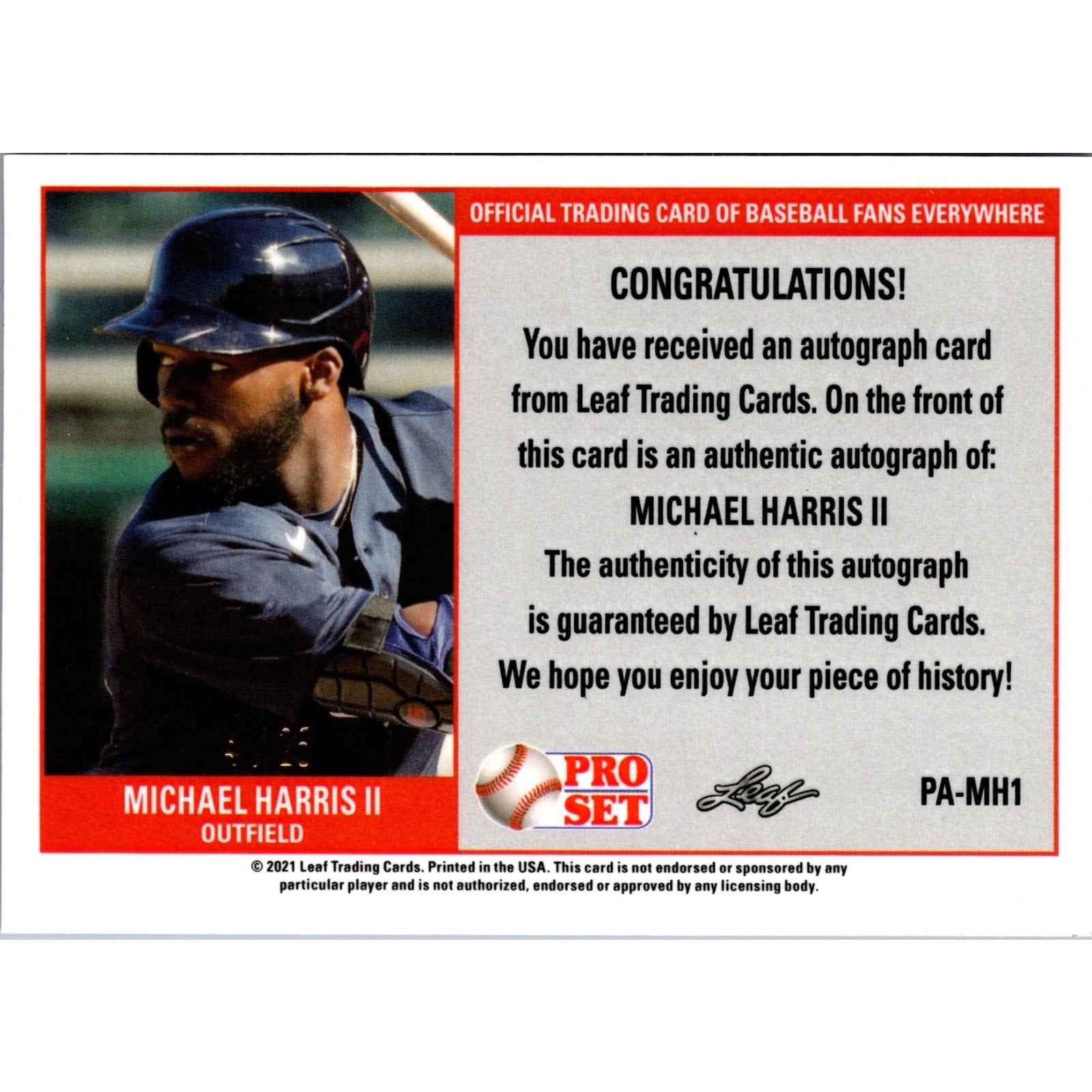 Back of Michael Harris II 2021 Leaf Pro Set Metal rookie auto card with authentication details