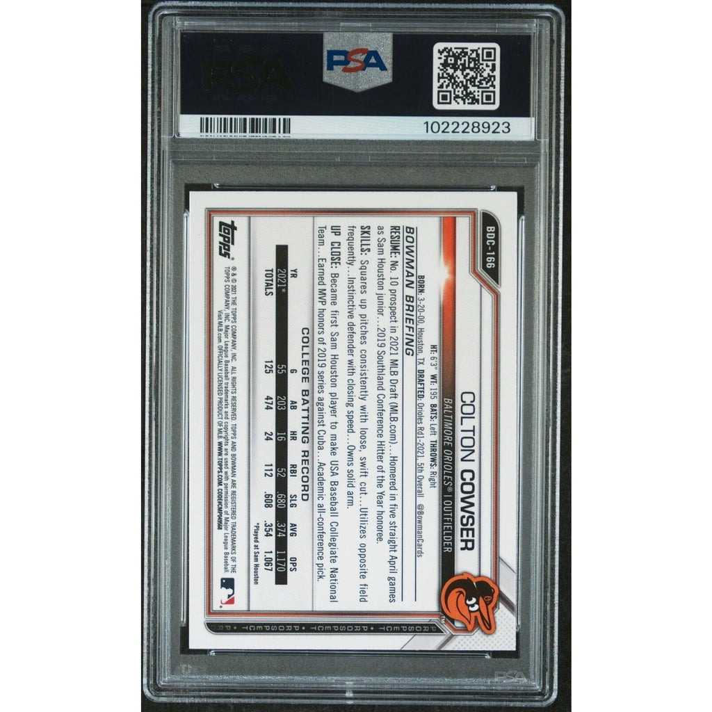 Back view of 2021 Bowman Draft Chrome Colton Cowser PSA card