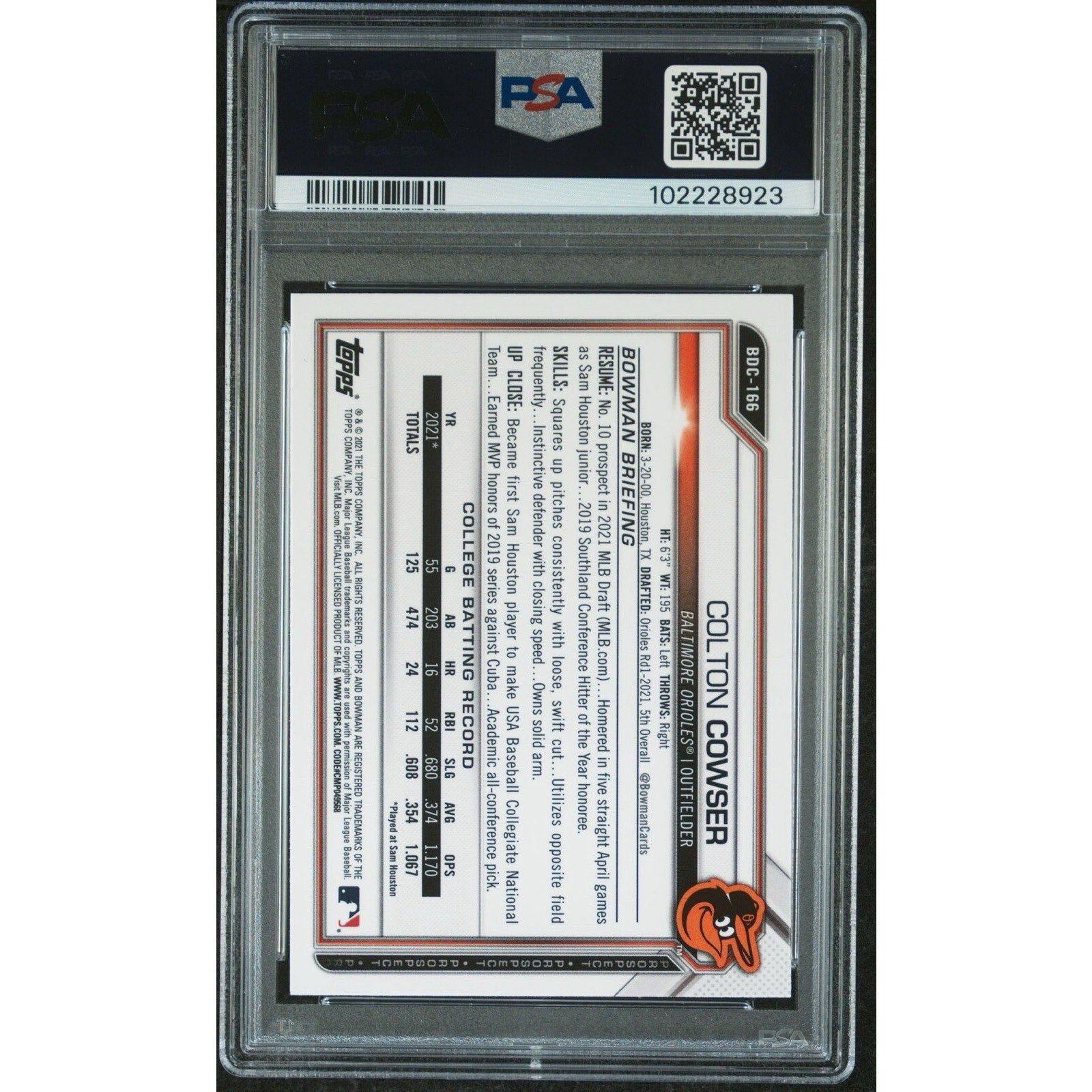 Back view of 2021 Bowman Draft Chrome Colton Cowser PSA card