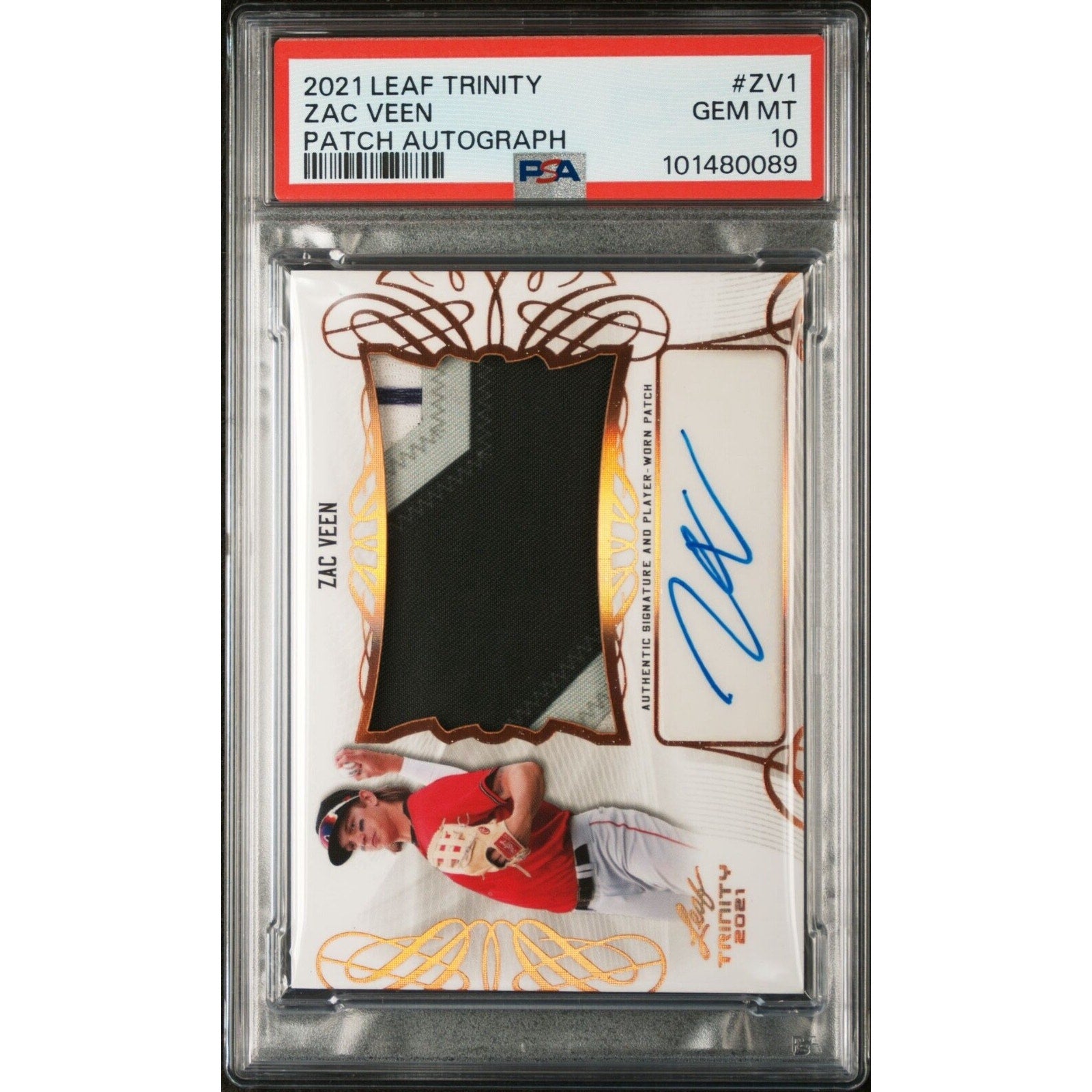 2021 Leaf Trinity Zac Veen patch autograph rookie card #ZV1 PSA 10 front view Colorado Rockies