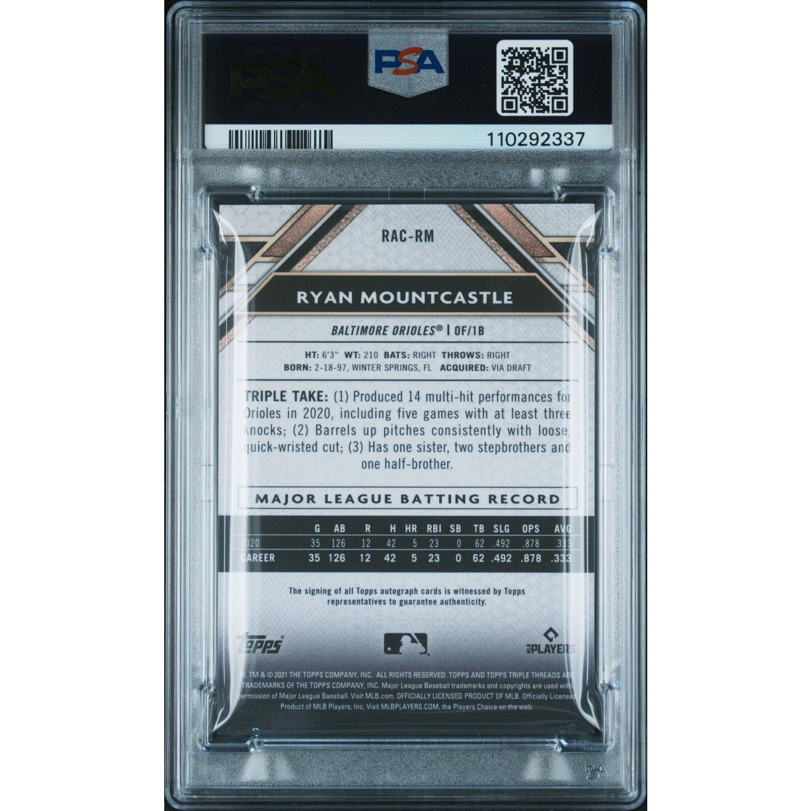 Back of 2021 Topps Triple Threads Ryan Mountcastle Rookie Autographs PSA 10 card