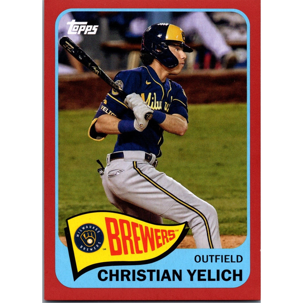 Front view of 2021 Topps 1965 Redux Christian Yelich Red Border card #TH65-29 featuring the Milwaukee Brewers star in a retro 1965-inspired design