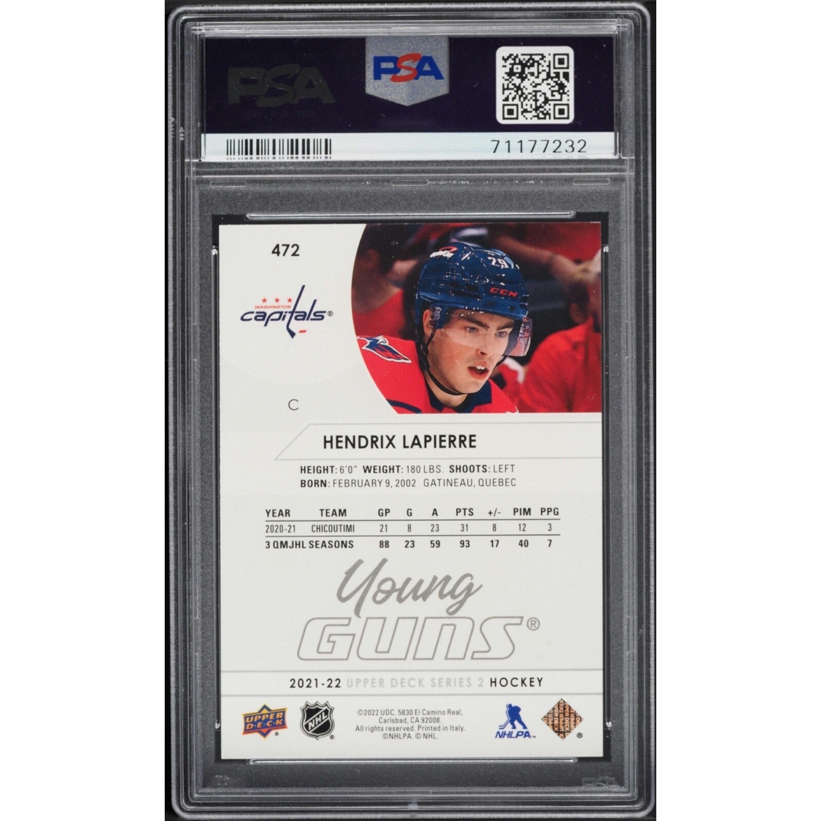 Back view of 2021 Upper Deck Young Guns Hendrix Lapierre rookie card #472 PSA 10 Gem Mint