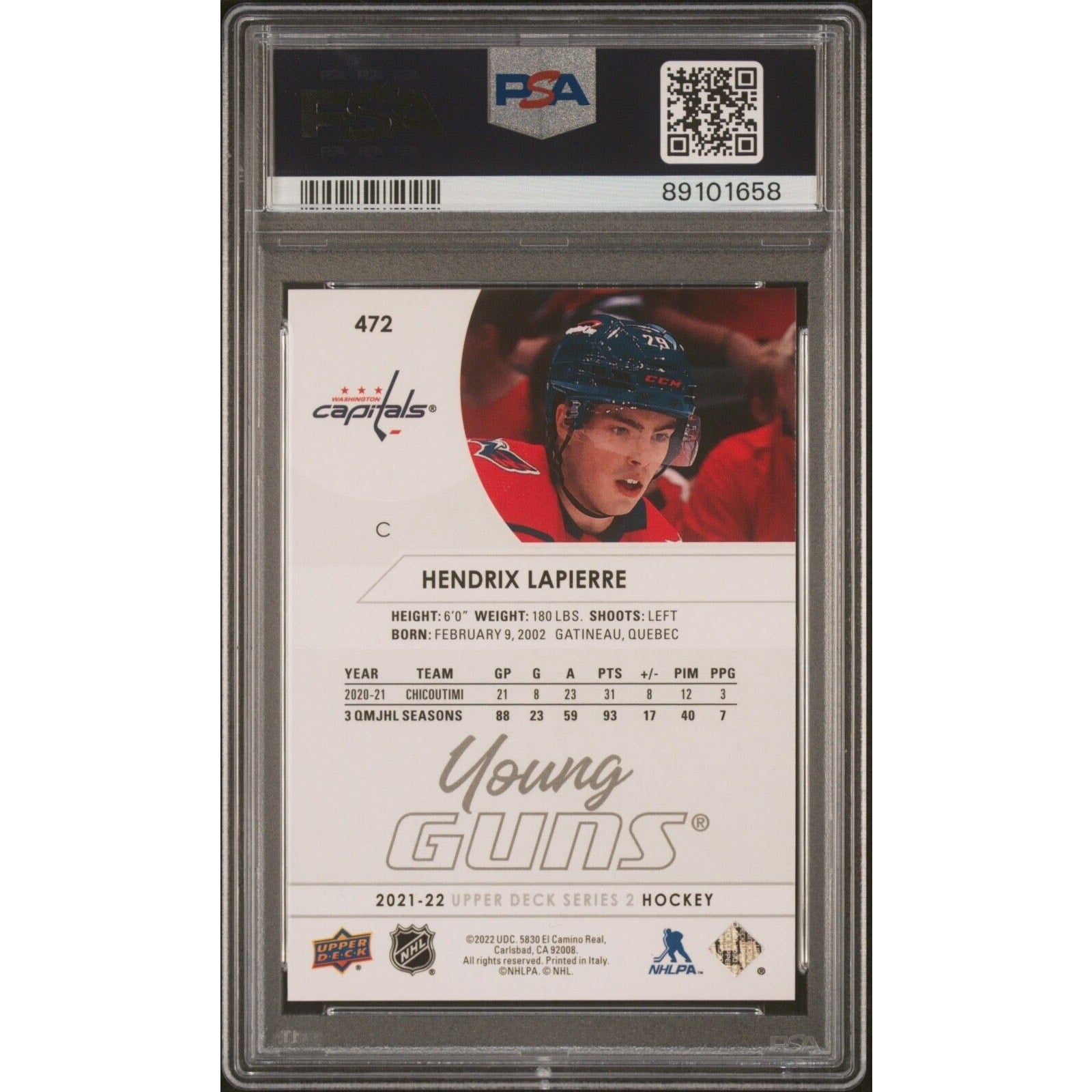 Back view of Hendrix Lapierre 2021 Upper Deck Young Guns PSA graded rookie card