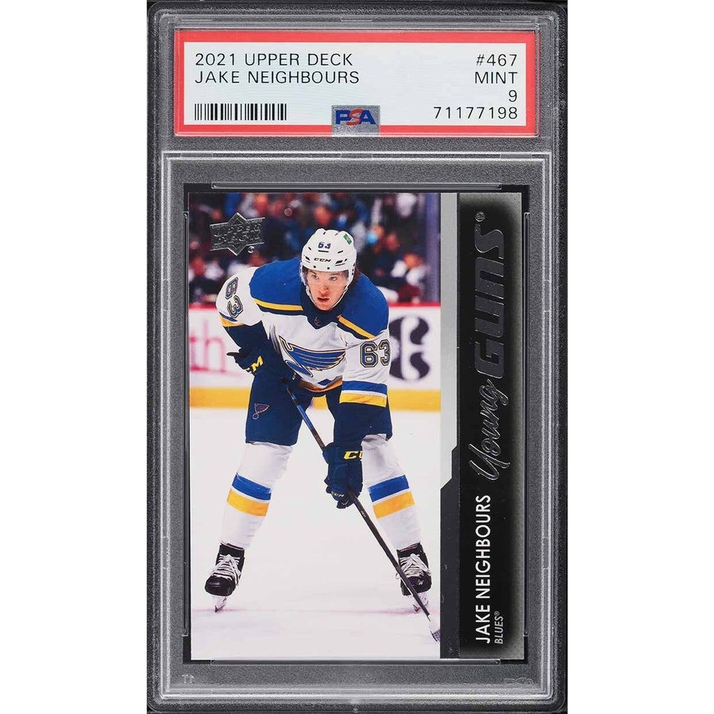 2021 Upper Deck Young Guns Jake Neighbours rookie card #467 PSA 9 Mint front view St Louis Blues