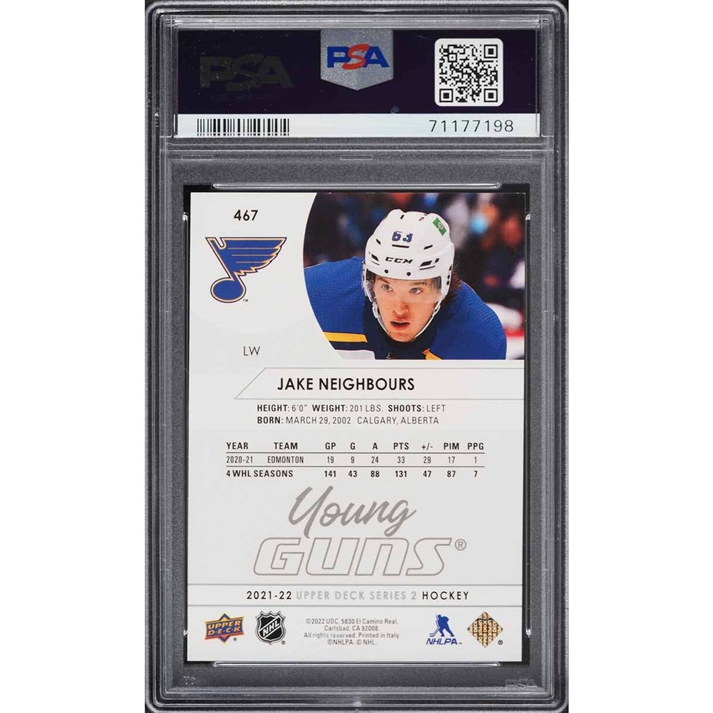Back view of 2021 Upper Deck Young Guns Jake Neighbours rookie card #467 PSA 9 Mint