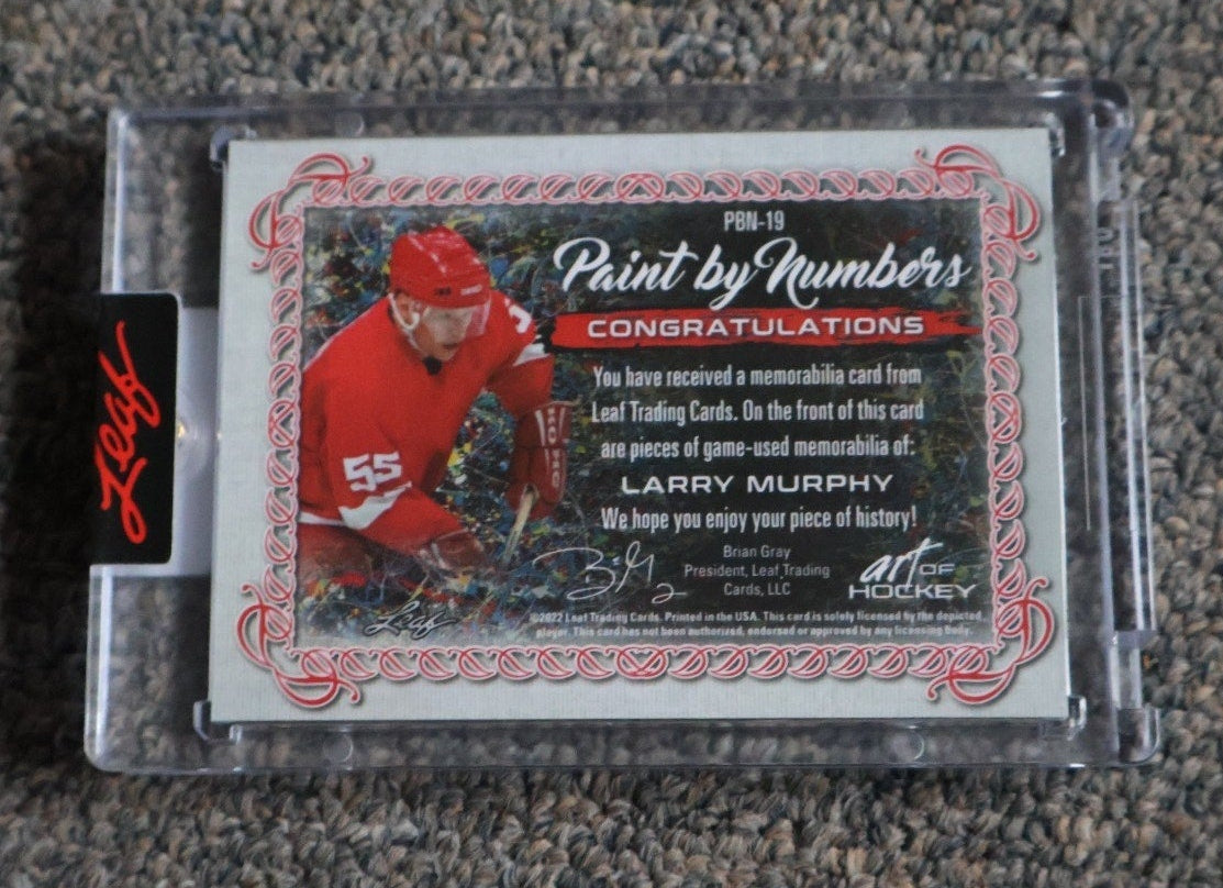 Back view of 2022-23 Leaf Art of Hockey Paint By Numbers Larry Murphy patch relic card #PBN-19
