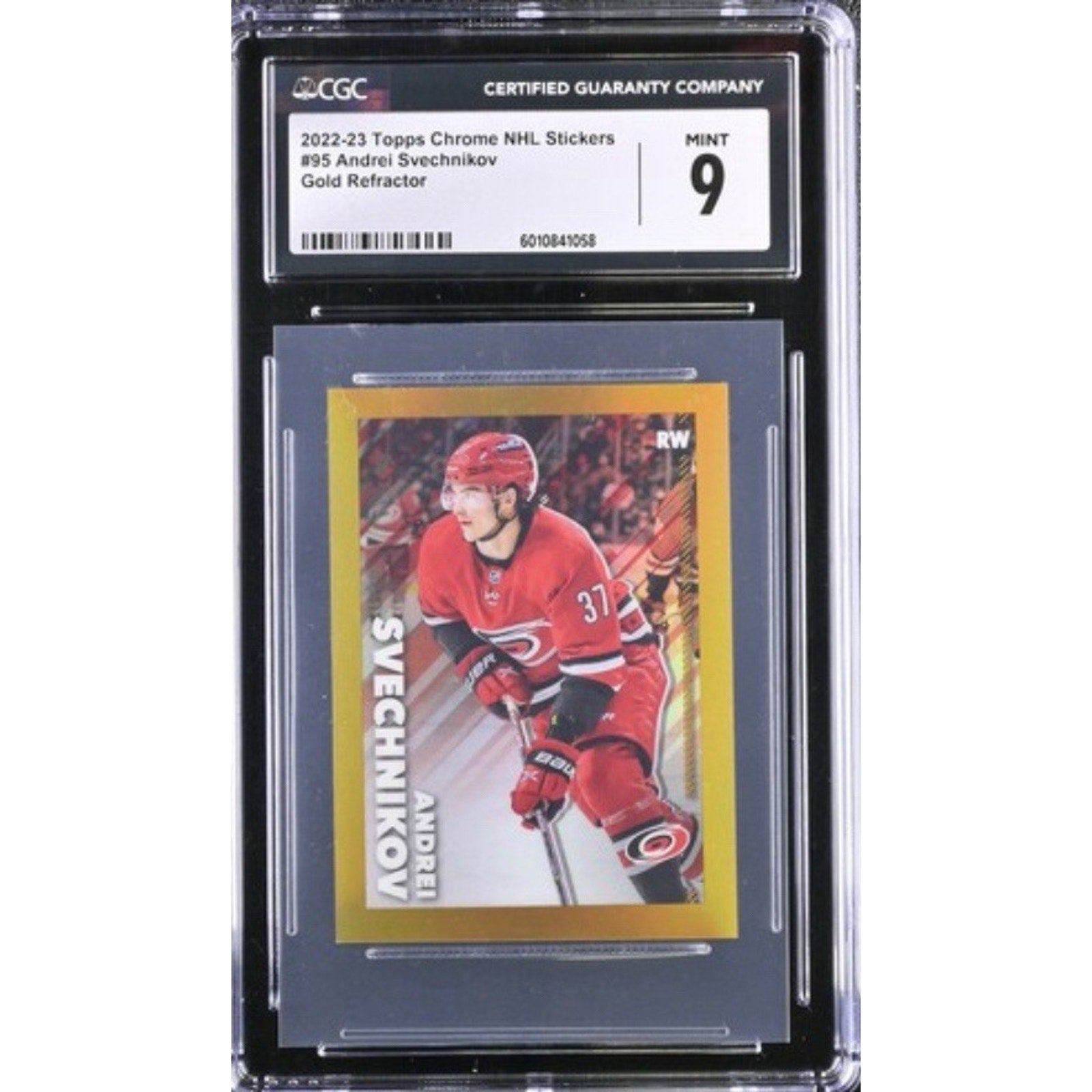 2022-23 Topps Chrome NHL Stickers Andrei Svechnikov Gold Refractor card #95 /50 CGC 9 front view