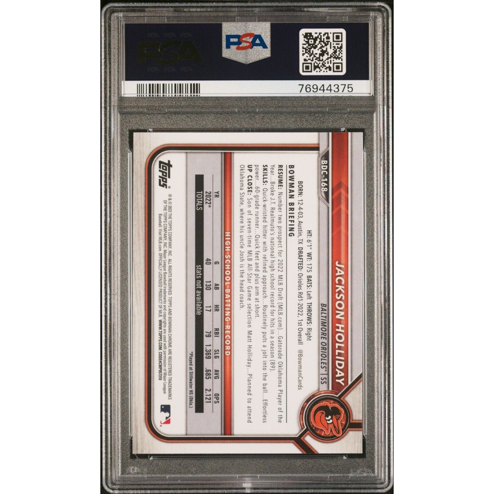 Back view of Jackson Holliday 2022 Bowman Chrome Draft PSA graded rookie card