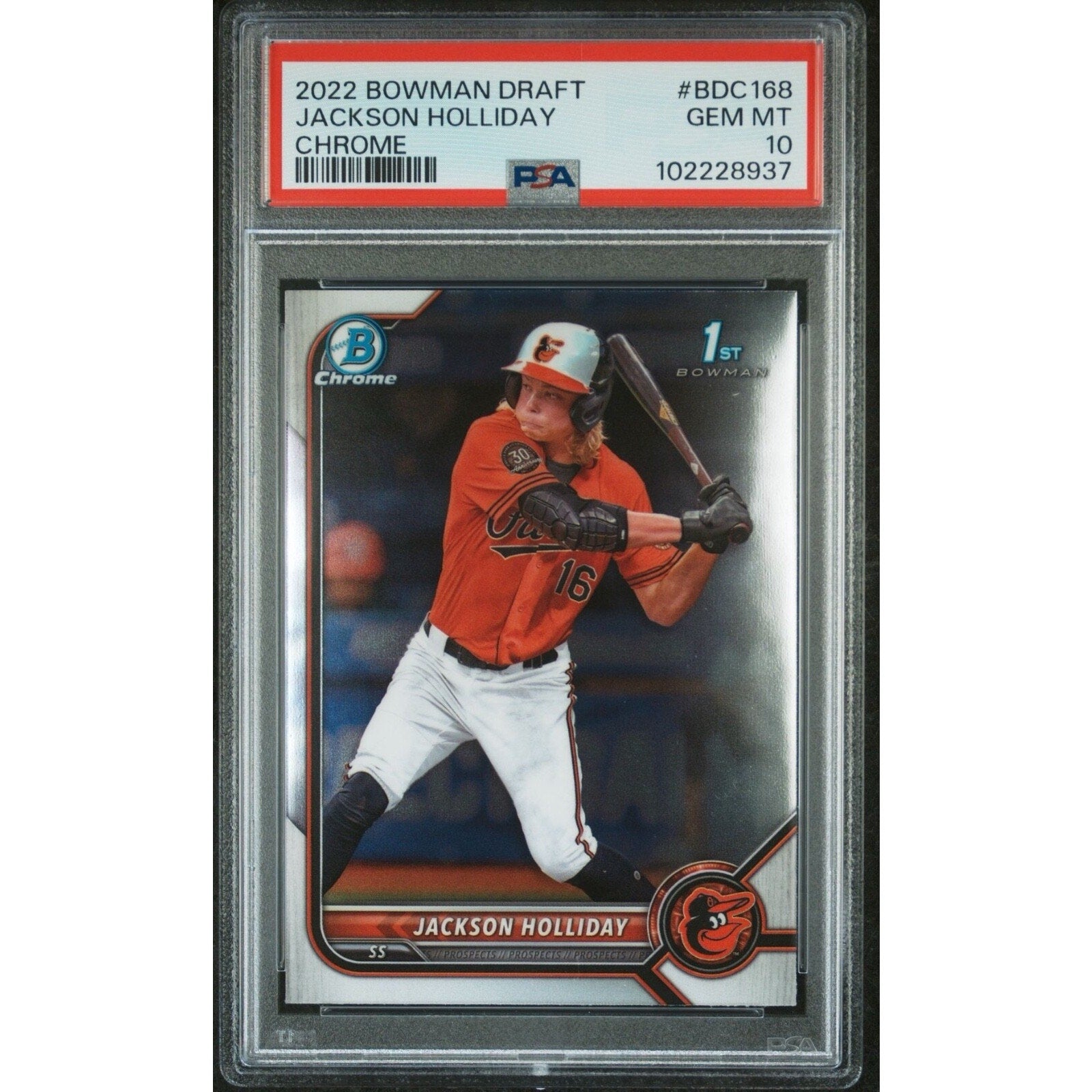 2022 Bowman Draft Jackson Holliday Chrome rookie card #BDC-168 PSA 10 Gem Mint Baltimore Orioles front view