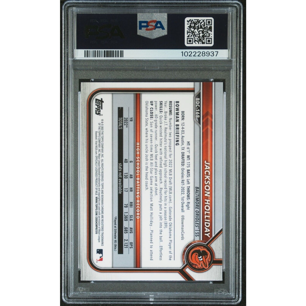 Back view of 2022 Bowman Draft Jackson Holliday Chrome rookie baseball card graded PSA 10 Gem Mint