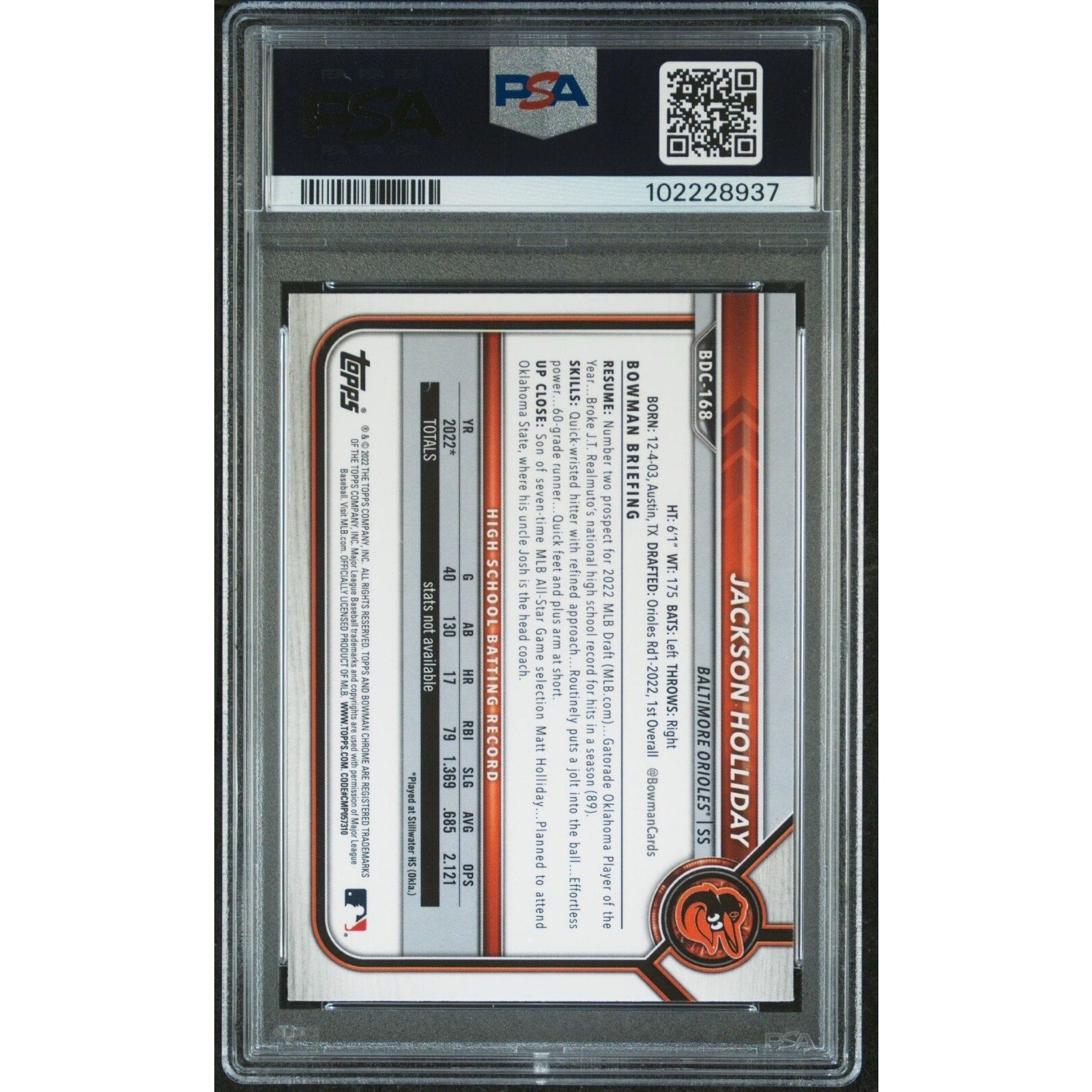 Back view of 2022 Bowman Draft Jackson Holliday Chrome rookie baseball card graded PSA 10 Gem Mint
