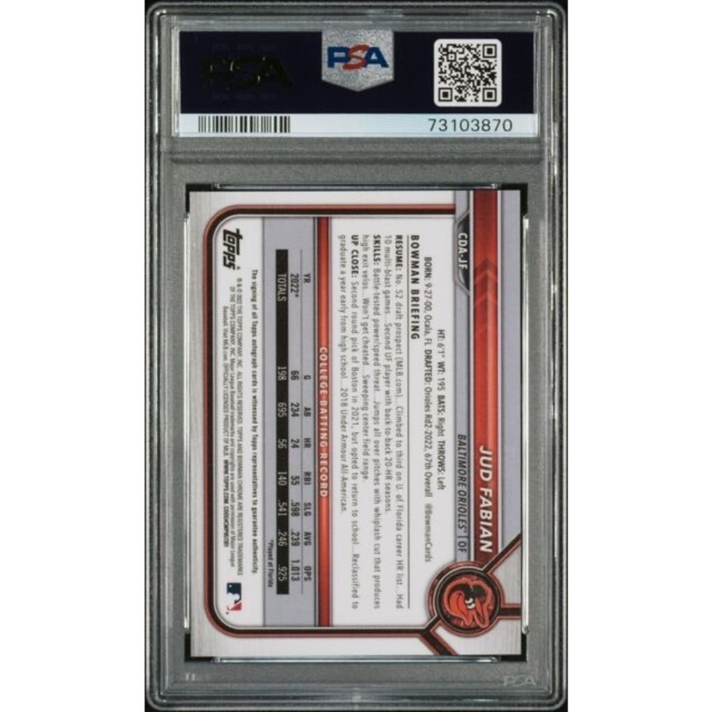 Back view of 2022 Bowman Draft Chrome Jud Fabian autograph PSA card