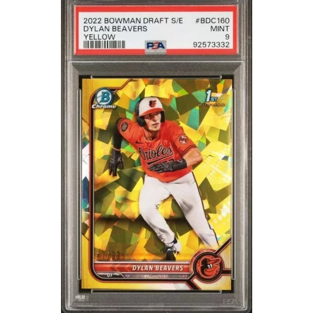 2022 Bowman Draft Sapphire Dylan Beavers Yellow refractor 1st Bowman rookie card PSA 9 front view