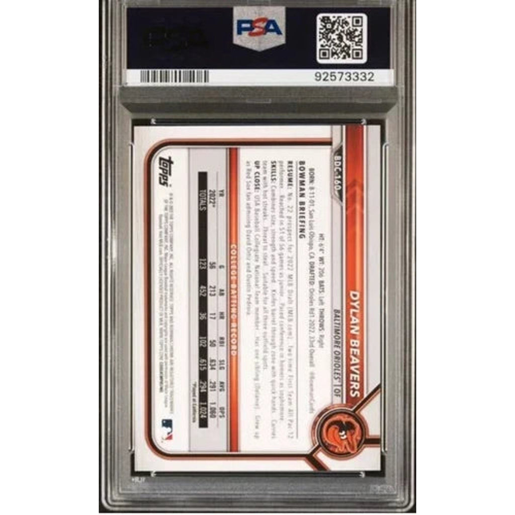 Back of PSA graded Dylan Beavers Bowman Draft Sapphire baseball card