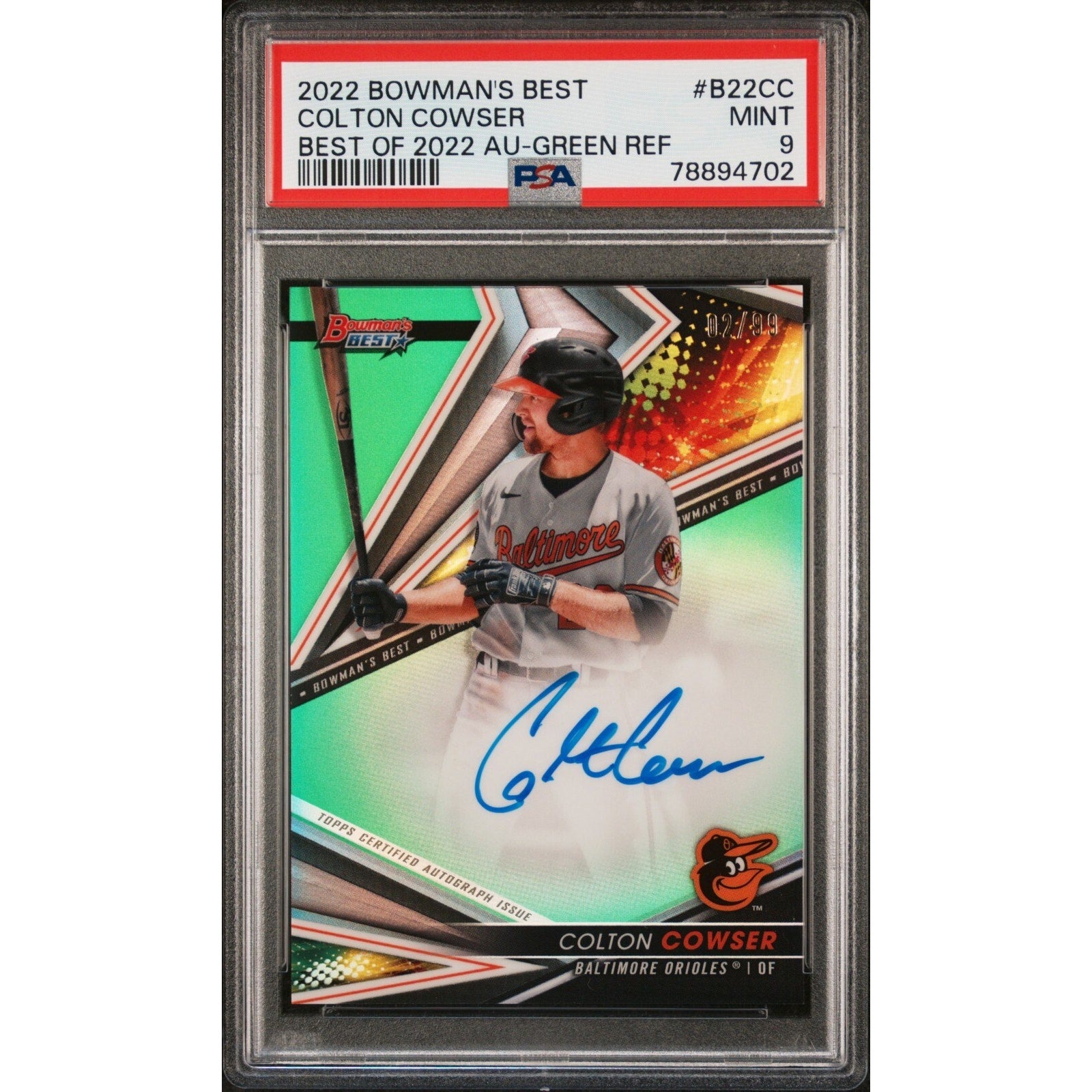 2022 Bowman's Best Colton Cowser Green Refractor autograph card PSA 9 Mint front view