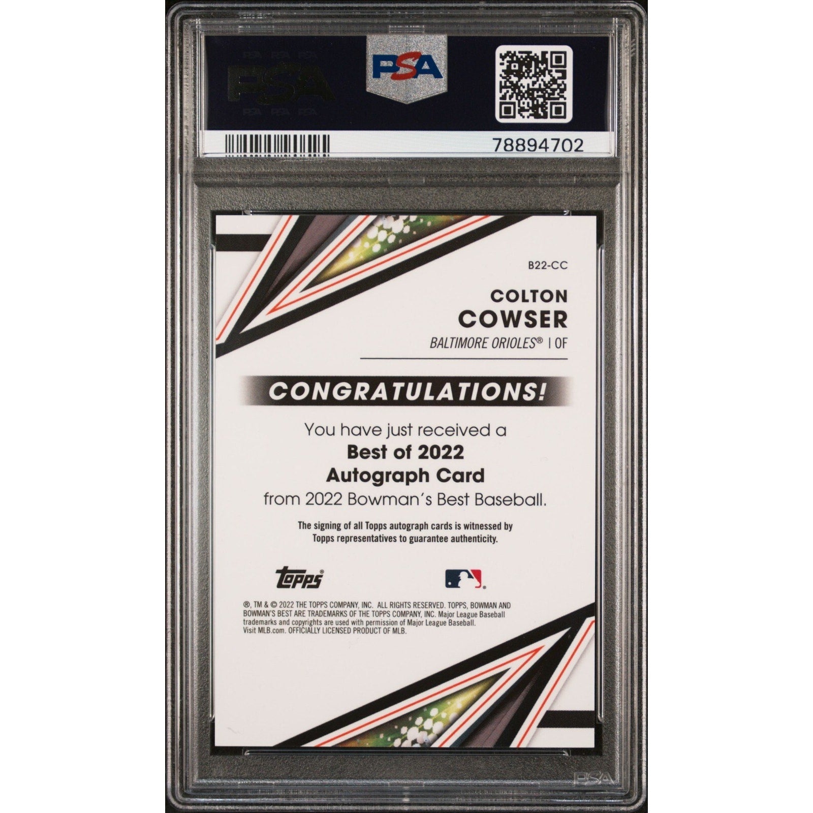Back view of 2022 Bowman's Best Colton Cowser Green Refractor auto card /99 PSA 9