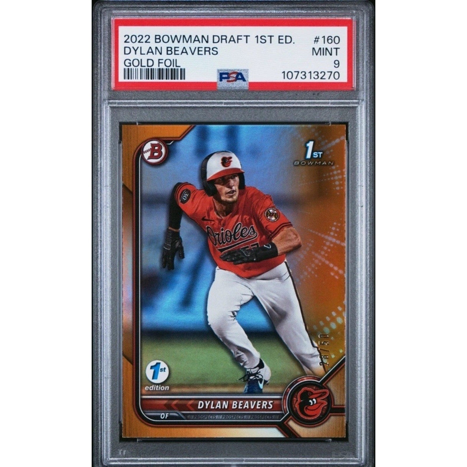 2022 Bowman Draft Dylan Beavers 1st Edition Gold Foil /50 PSA 9 rookie card front view