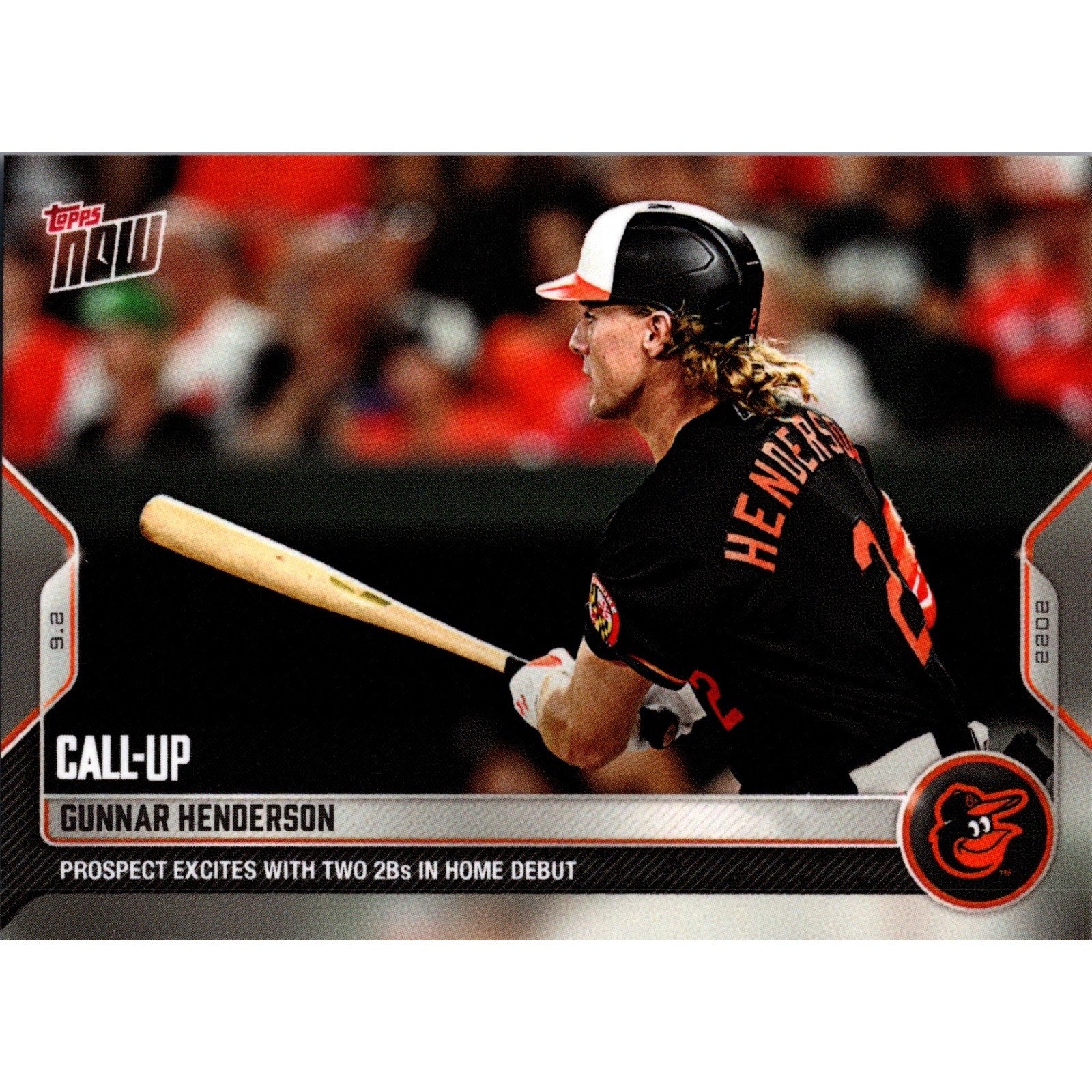 2022 Topps Now Gunnar Henderson Rookie Call Up card #827 featuring Baltimore Orioles home debut rookie collectible