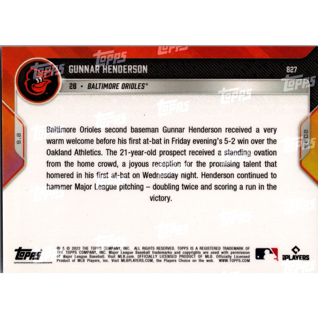 Back of 2022 Topps Now Gunnar Henderson Rookie Call Up #827 home debut rookie card with player statistics and details