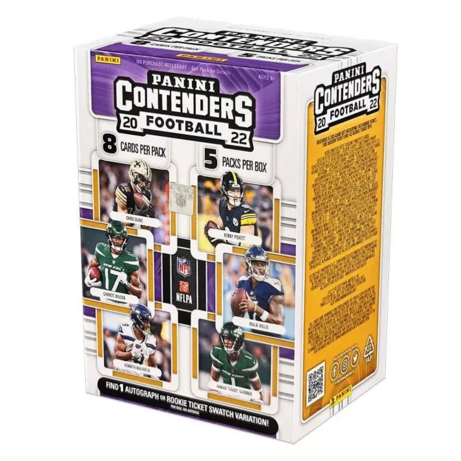 Front and side view of a factory sealed 2022 Panini Contenders NFL Football Blaster Box featuring NFL players and product branding