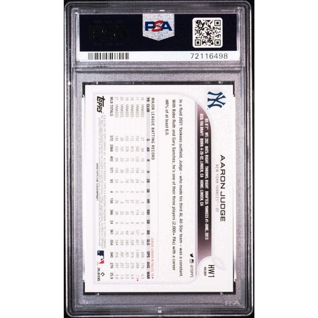 Back of 2022 Topps Holiday Aaron Judge #HW1 SSP short print baseball card graded PSA 10 Gem Mint