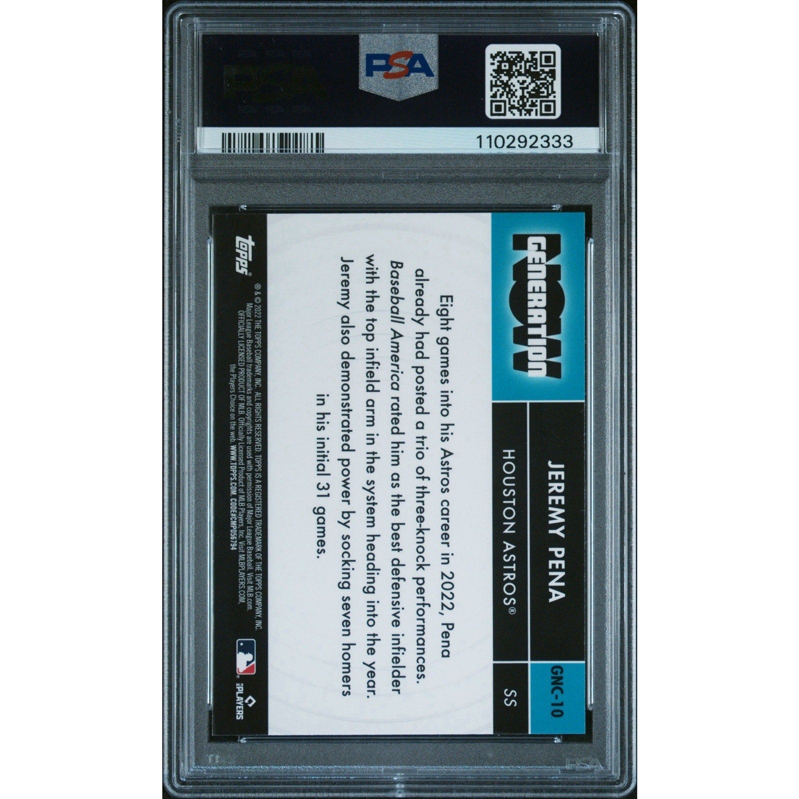 Back of 2022 Topps Chrome Update Jeremy Peña Generation Now PSA 10 rookie card