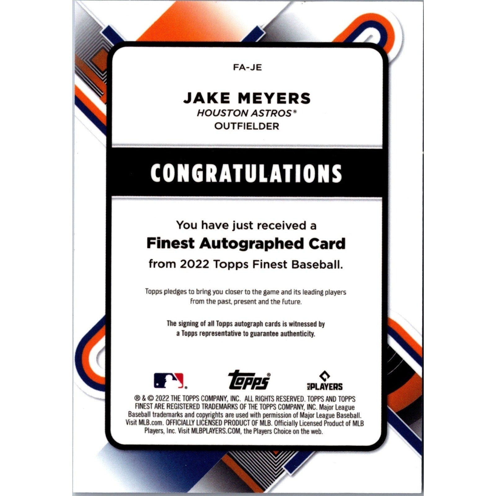 Back view of Jake Meyers 2022 Topps Finest Blue Refractor autograph card