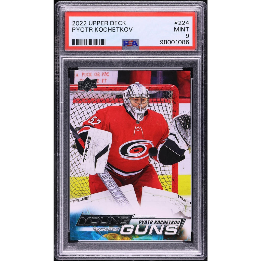 2022 Upper Deck Young Guns Pyotr Kochetkov rookie card #224 PSA 9 Mint front view Carolina Hurricanes