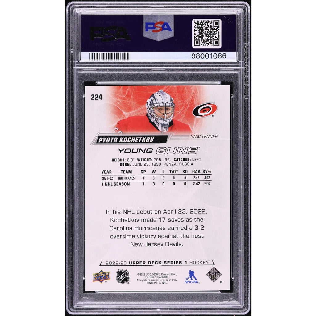 Back view of 2022 Upper Deck Young Guns Pyotr Kochetkov rookie card #224 PSA 9 Mint