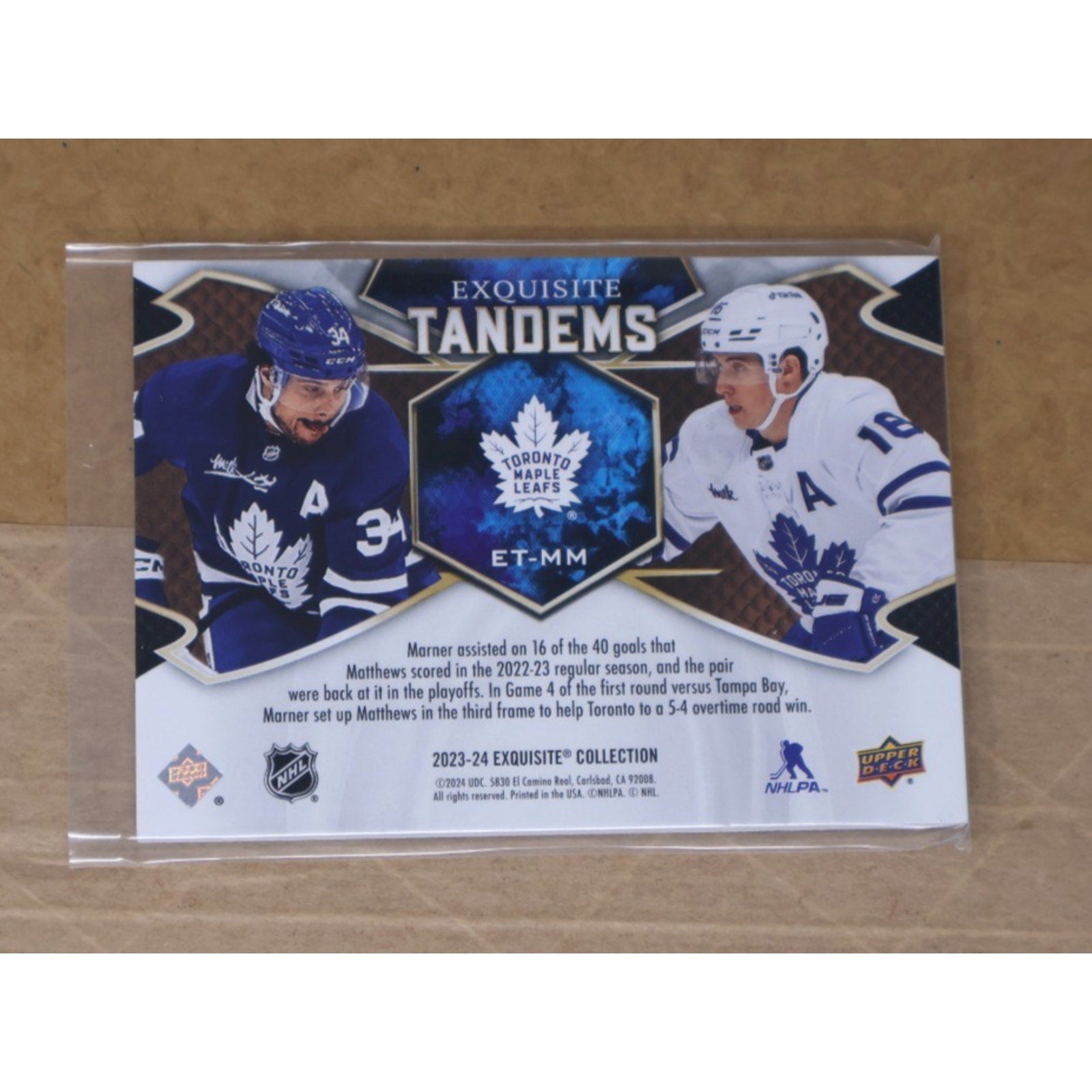Back view of 2023-24 Exquisite Tandems Gold Matthews Marner hockey card