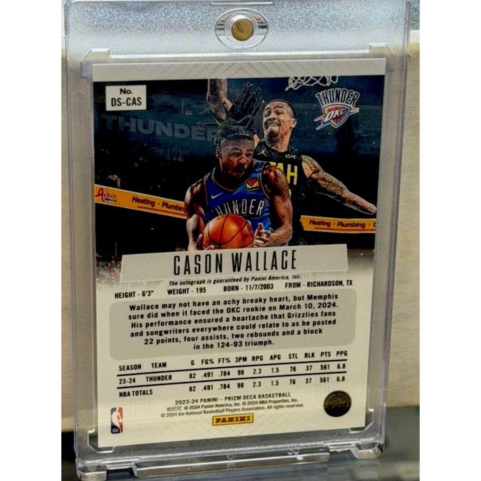 2023-24 Panini Prizm Deca Cason Wallace Rookie Auto card back displaying player information and certified autograph details
