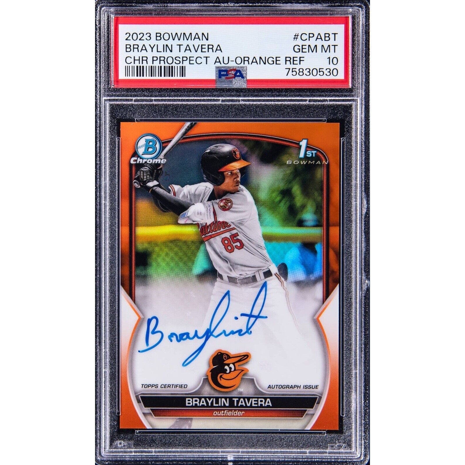 2023 Bowman Chrome Braylin Tavera Orange Refractor autograph PSA 10 card front view