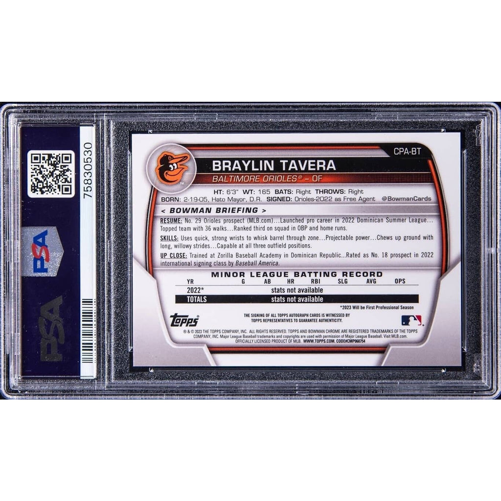 Back view of Braylin Tavera 2023 Bowman Chrome Orange Refractor autograph card