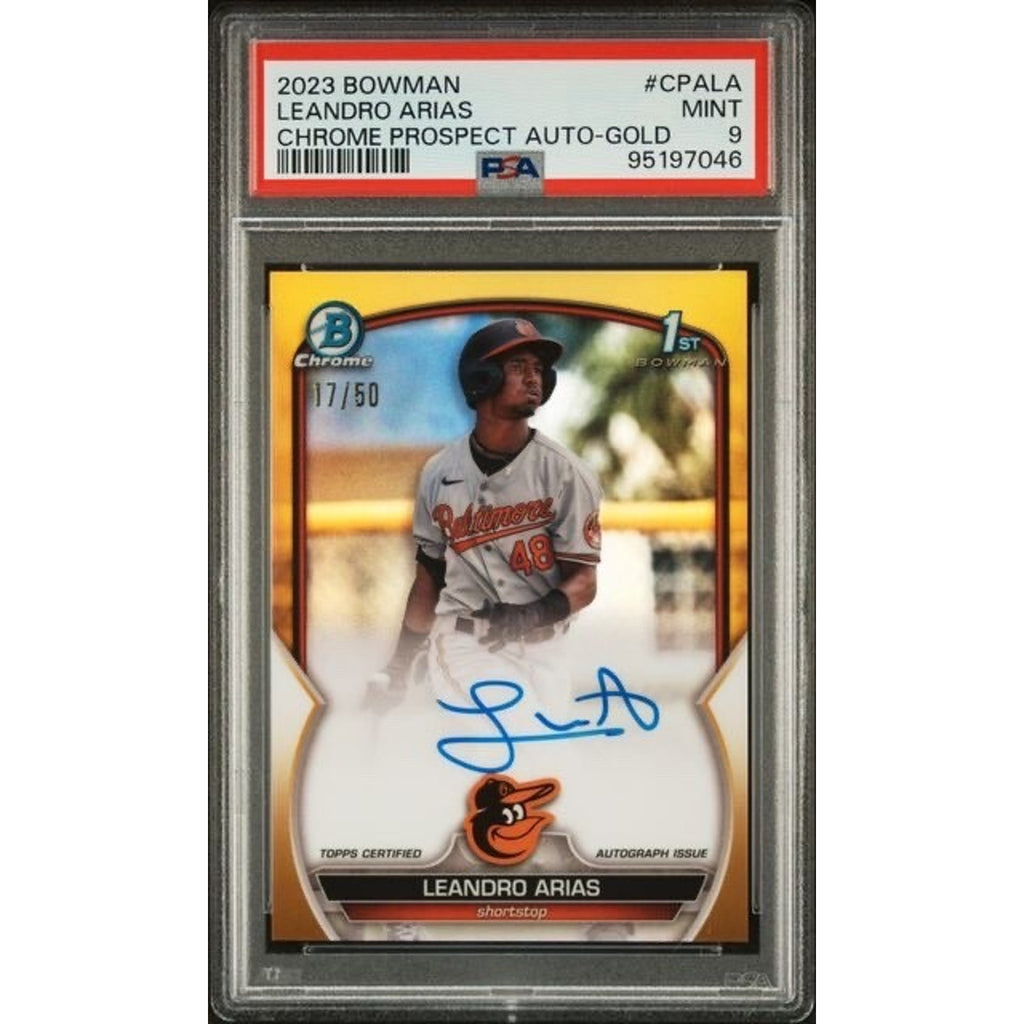 2023 Bowman Chrome Leandro Arias Gold Refractor Auto rookie card #CPALA /50 PSA 9 front view