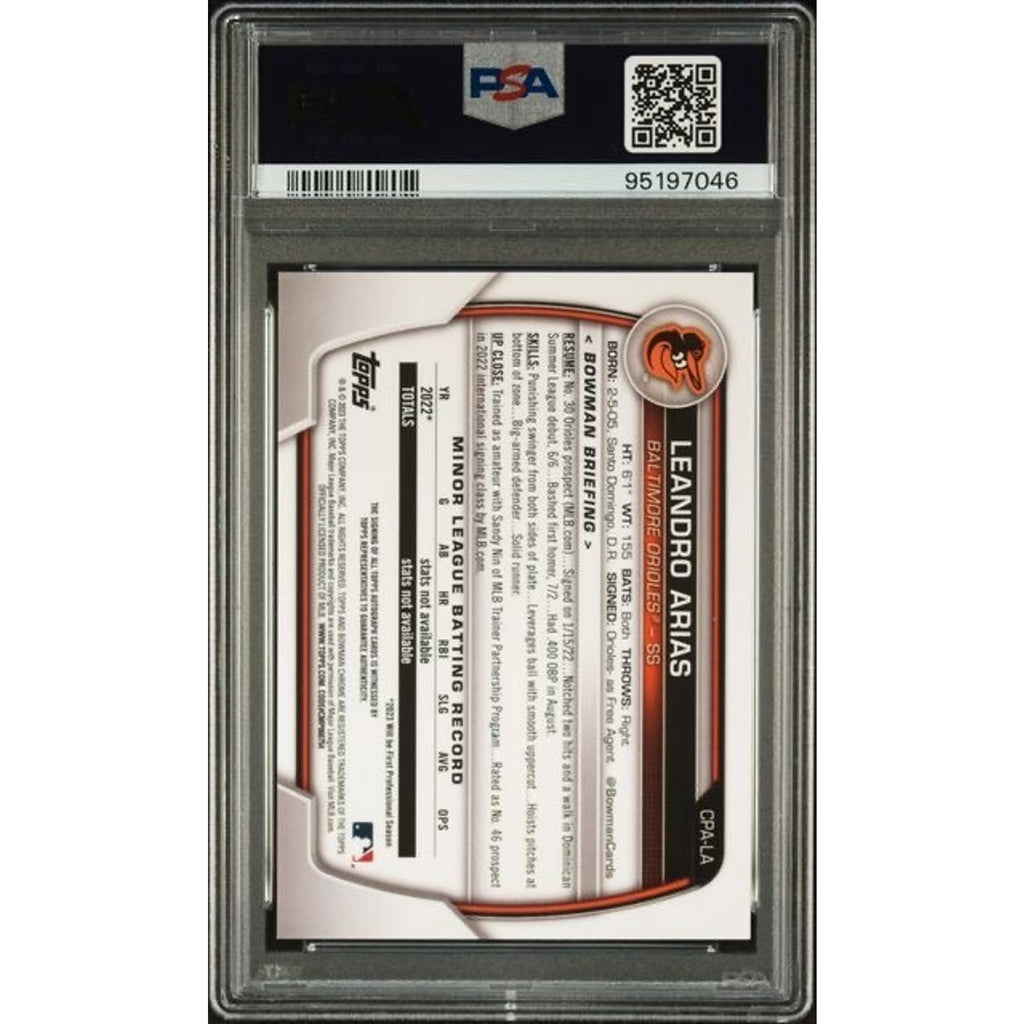 Back view of 2023 Bowman Chrome Leandro Arias Gold Refractor Auto rookie card #CPALA /50 PSA 9