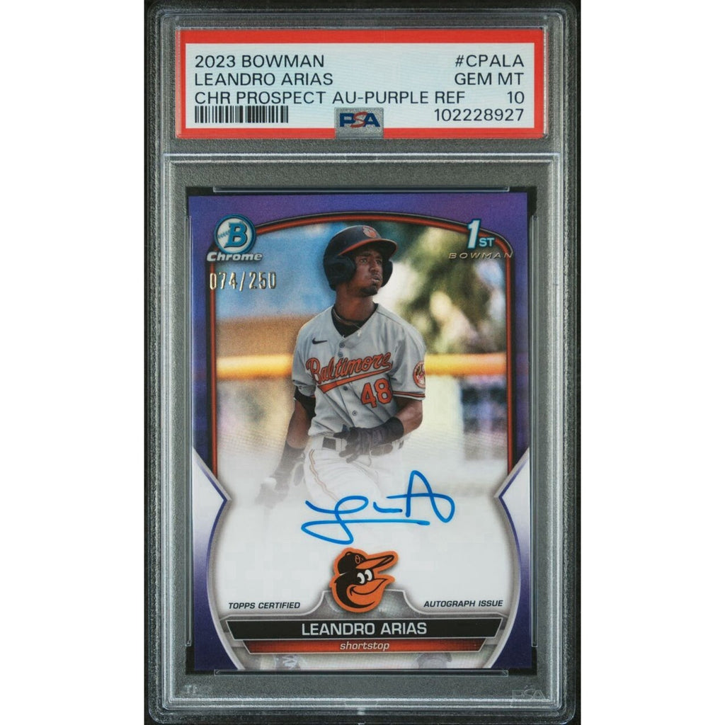 2023 Bowman Chrome Leandro Arias Purple Refractor Auto rookie card #CPALA /250 PSA 10 front view