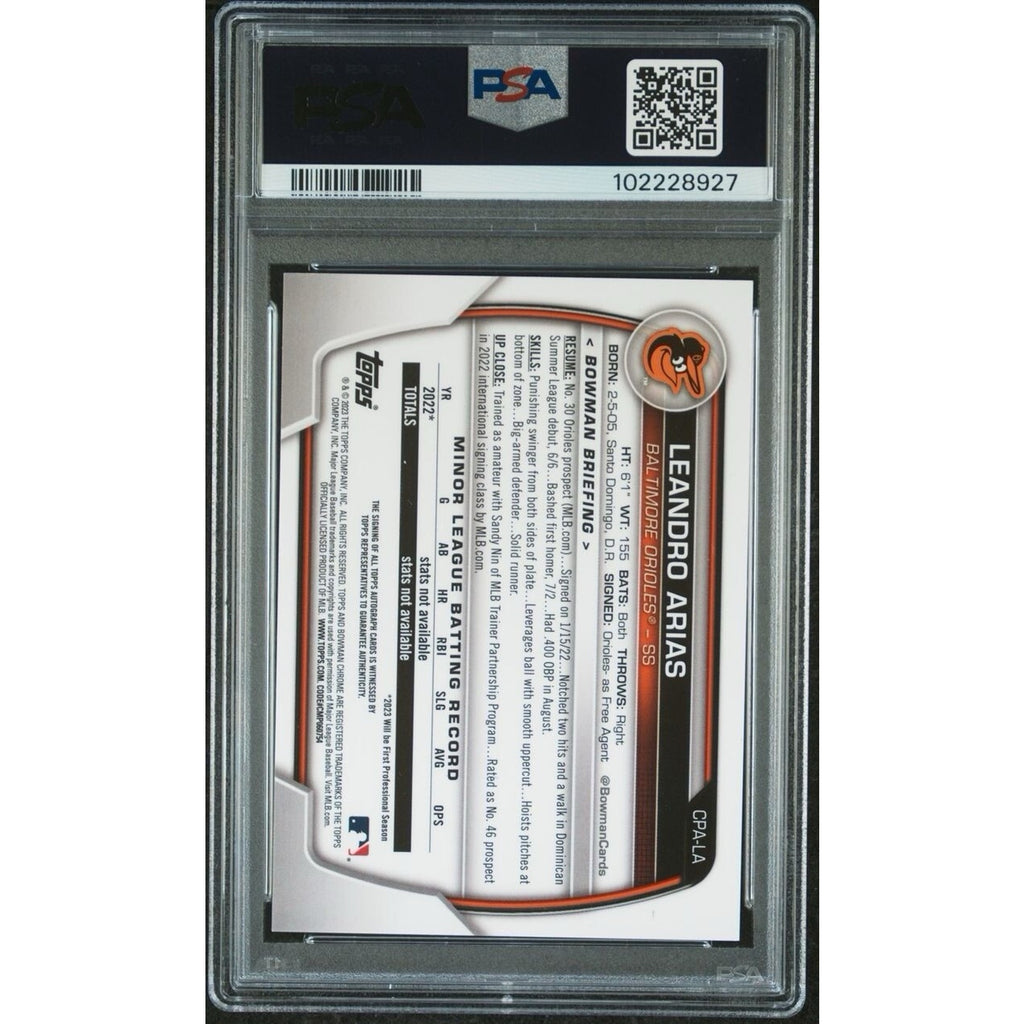 Back view of 2023 Bowman Chrome Leandro Arias Purple Refractor Auto rookie card #CPALA /250 PSA 10