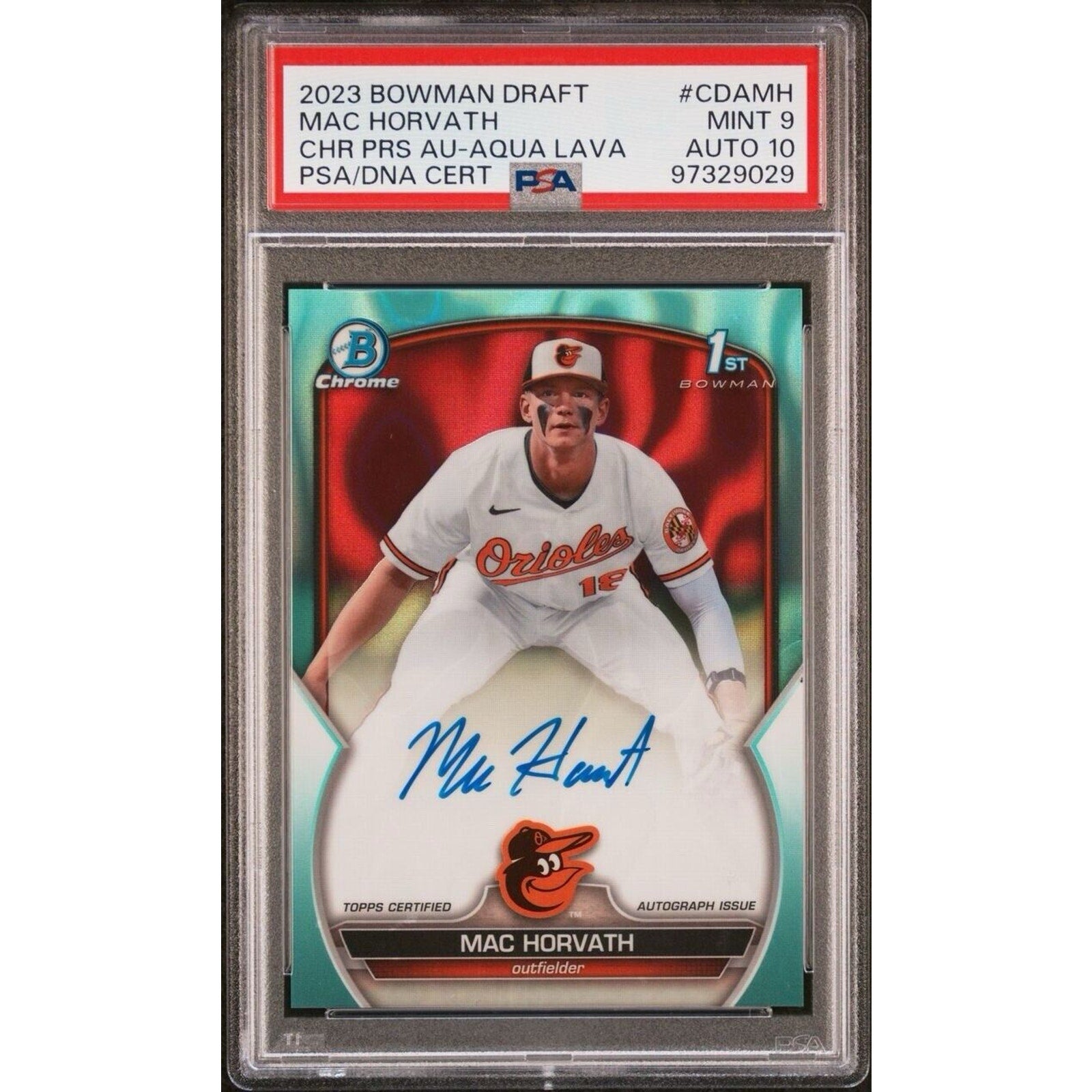 2023 Bowman Chrome Draft Mac Horvath Aqua Lava Refractor autograph PSA 9 card front view