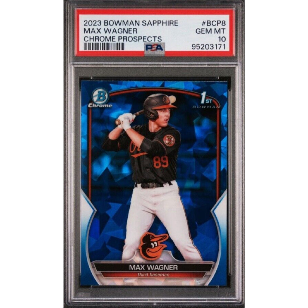2023 1st Bowman Chrome Sapphire Max Wagner Blue prospect rookie card BCP8 PSA 10 front view
