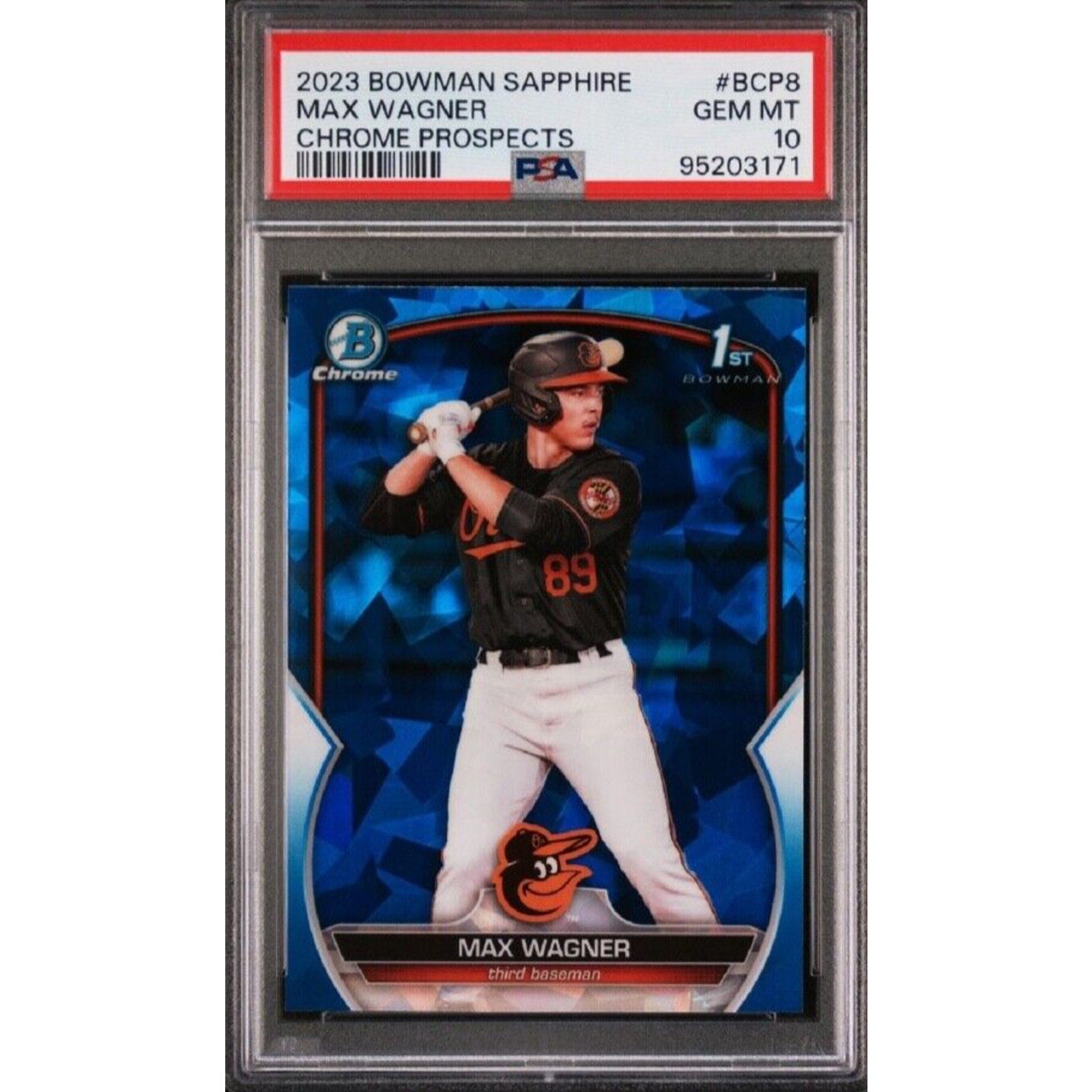 2023 1st Bowman Chrome Sapphire Max Wagner Blue prospect rookie card BCP8 PSA 10 front view