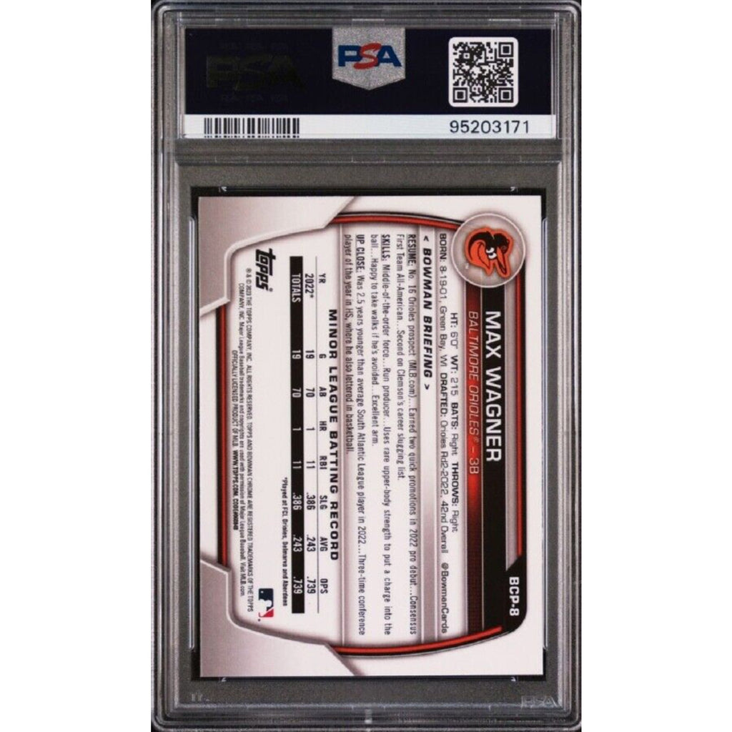 Back view of 2023 Bowman Chrome Sapphire Max Wagner Blue prospect card BCP8 PSA 10