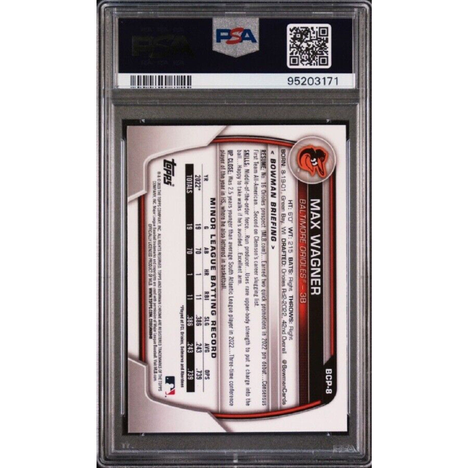 Back view of 2023 Bowman Chrome Sapphire Max Wagner Blue prospect card BCP8 PSA 10