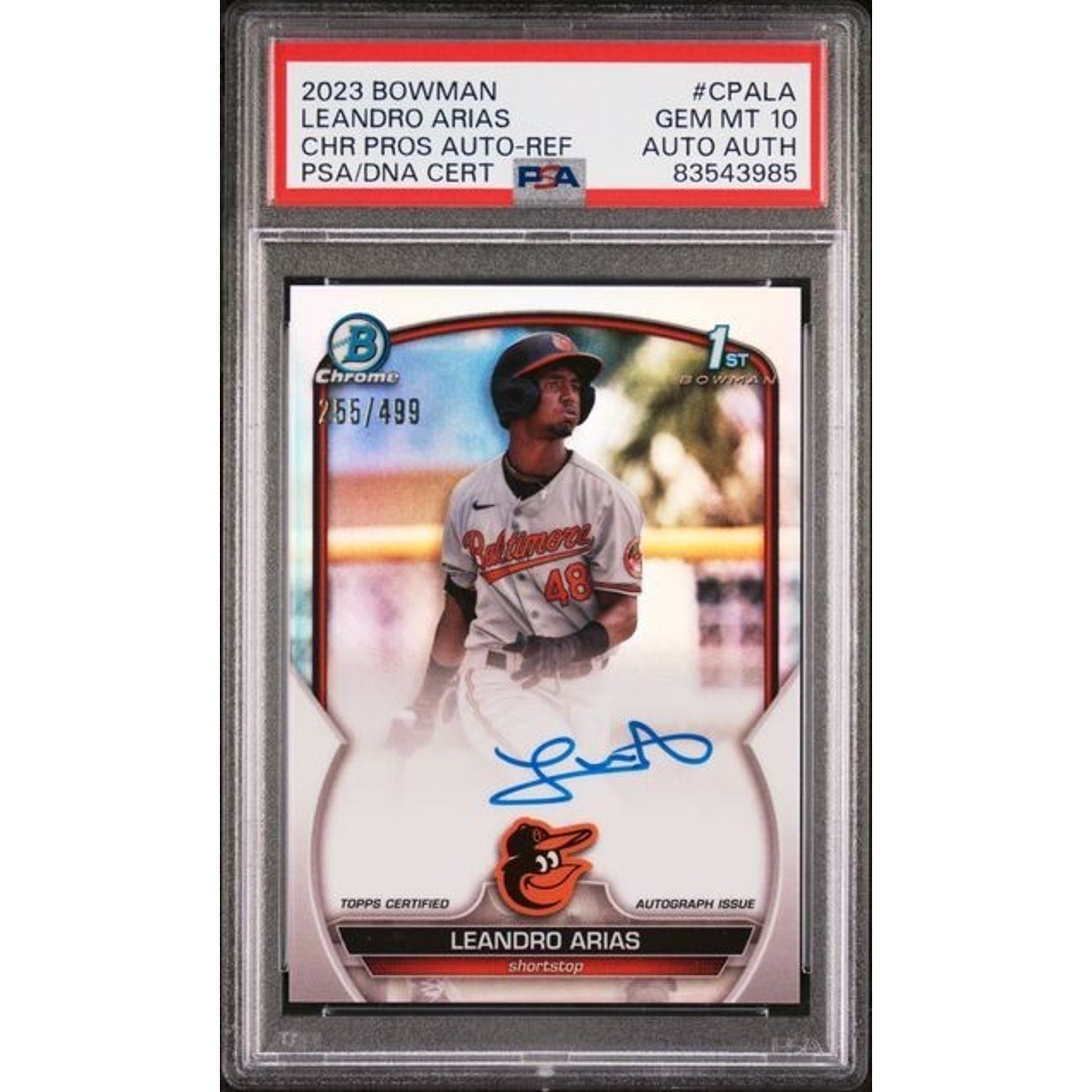 2023 1st Bowman Draft Leandro Arias Auto Refractor rookie card PSA 10 Gem Mint front view