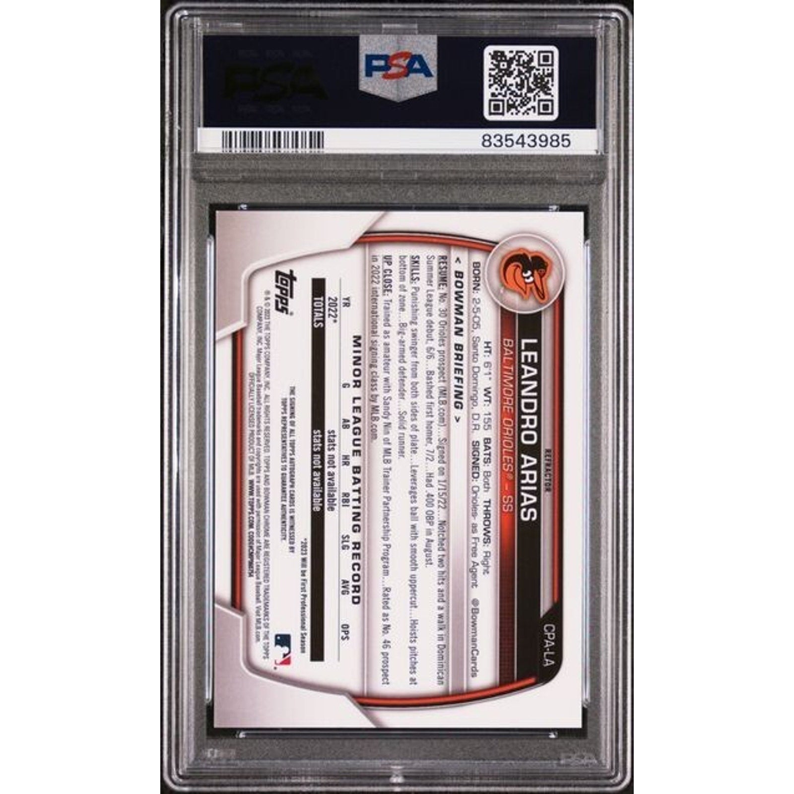 Back view of 2023 Bowman Draft Leandro Arias autograph refractor rookie card PSA 10