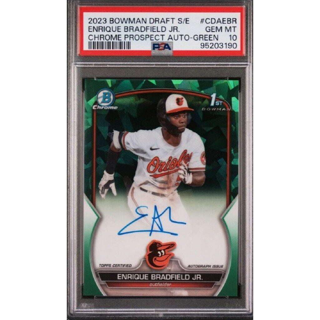 2023 1st Bowman Sapphire Enrique Bradfield Jr Green Refractor auto rookie card /99 PSA 10 front view