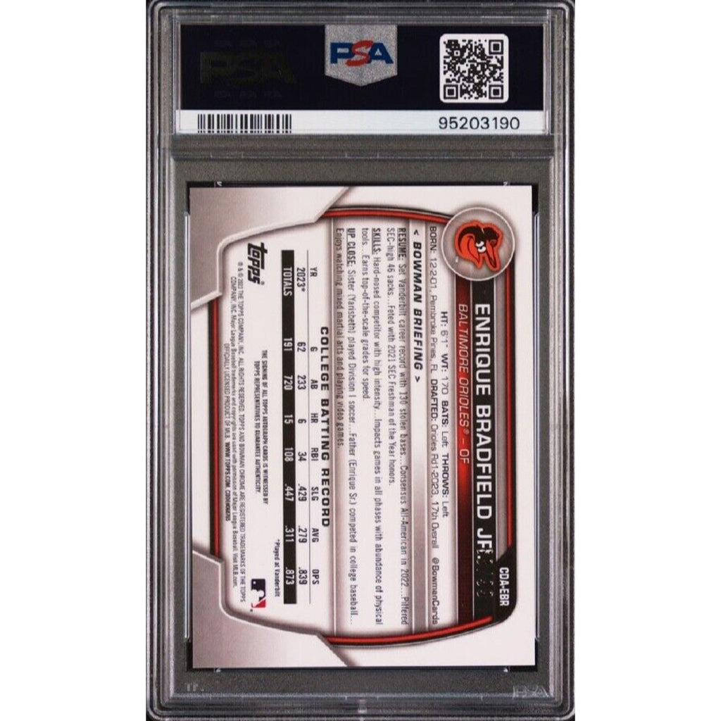 Back view of 2023 Bowman Sapphire Enrique Bradfield Jr Green Refractor autograph card /99 PSA 10
